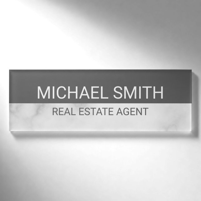 White Marble Modern Professional Personalized Name Tag (Front)