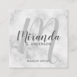 White Marble Modern Script Monogram and Name Square Business Card