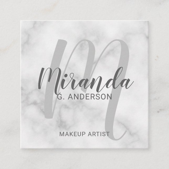 White Marble Modern Script Monogram and Name Square Business Card (Front)