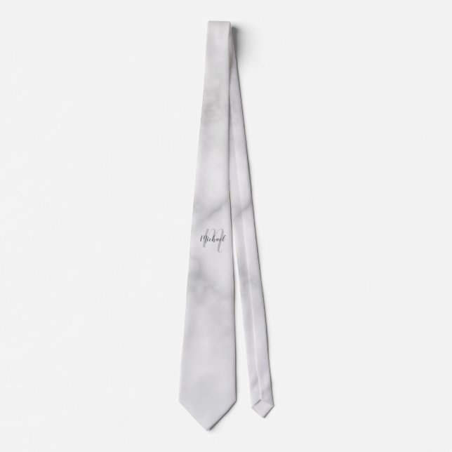 White Marble Modern Script Monogram and Name Tie (Front)