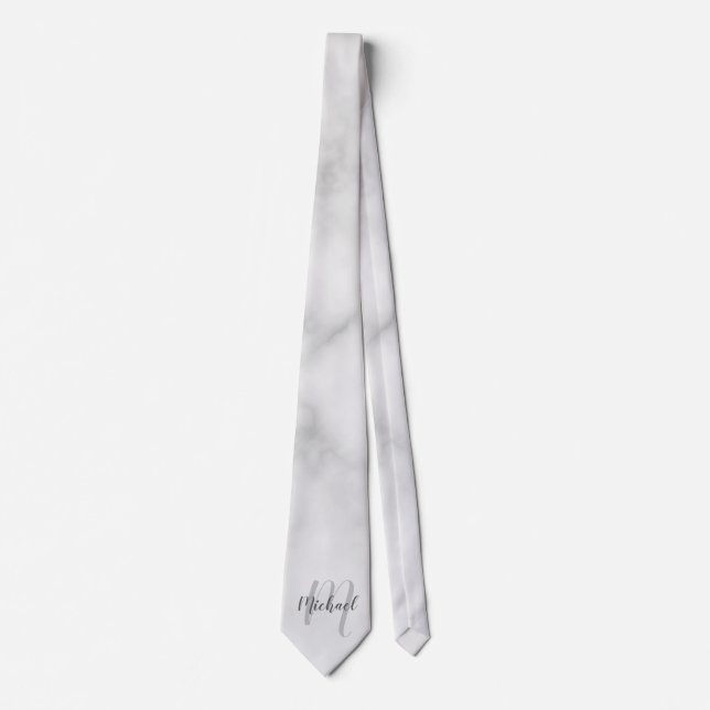 White Marble Modern Script Monogram and Name Tie (Front)