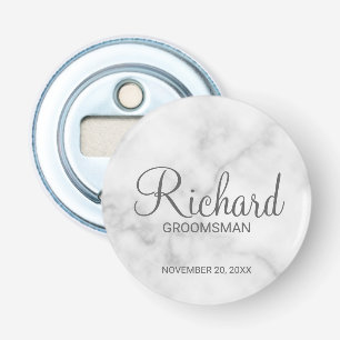 White Marble Modern Script Personalized Groomsman Bottle Opener