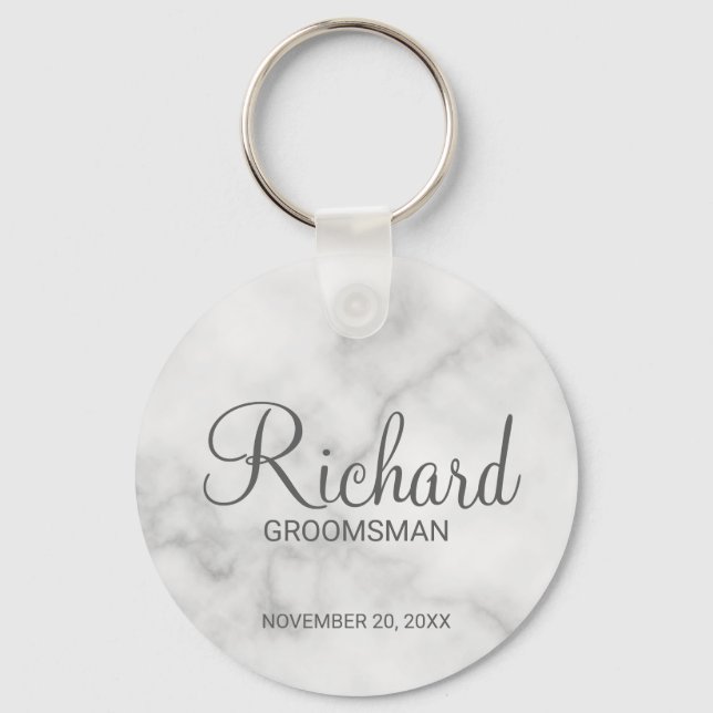White Marble Modern Script Personalized Groomsman Keychain (Front)