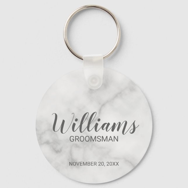 White Marble Modern Script Personalized Groomsman Keychain (Front)