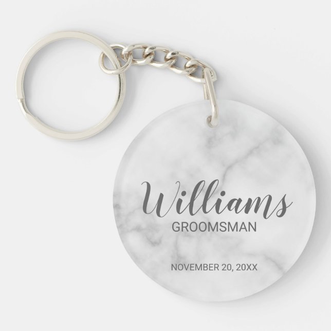 White Marble Modern Script Personalized Groomsman Keychain (Front)