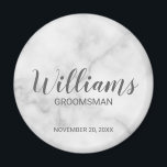 White Marble Modern Script Personalized Groomsman Magnet<br><div class="desc">Personalized Groomsman Gifts featuring personalized groomsman's name in grey modern script font style with title and wedding date in modern sans serif font style on white marble background. Also perfect for best man, father of the bride, bridesmaid, maid of honour, mother of the bride and more. Please note: The marble...</div>