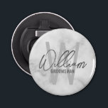 White Marble Modern Script Personalized Groomsmen Bottle Opener<br><div class="desc">Modern Minimalist Personalized Monogram and Name Gifts This design features personalized name in grey modern handwriting script font style and monogram in light grey modern sans serif font style as background, with title in grey modern sans serif font style, on white marble background. Also perfect for best man, maid of...</div>