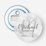 White Marble Modern Script Personalized Groomsmen Bottle Opener<br><div class="desc">Add a personal touch to your wedding with personalized groomsmen bottle opener. This bottle opener features personalized groomsmen's name in grey modern script font style and monogram in light grey modern script font style as background with title and wedding date in grey modern sans serif font style on white marble...</div>