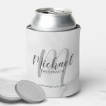 White Marble Modern Script Personalized Groomsmen Can Cooler<br><div class="desc">Add a personal touch to your wedding with personalized groomsmen can cooler. This can cooler features personalized groomsmen's name in grey modern script font style and monogram in light grey modern script font style as background with title and wedding date in grey modern sans serif font style on white marble...</div>