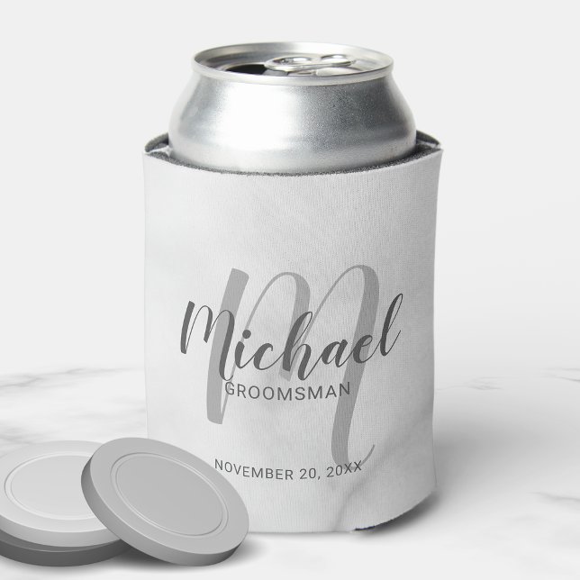 White Marble Modern Script Personalized Groomsmen Can Cooler (Creator Uploaded)