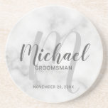 White Marble Modern Script Personalized Groomsmen Coaster<br><div class="desc">Add a personal touch to your wedding with personalized groomsmen coaster. This coaster features personalized groomsmen's name in grey modern script font style and monogram in light grey modern script font style as background with title and wedding date in grey modern sans serif font style on white marble background. Also...</div>