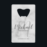 White Marble Modern Script Personalized Groomsmen Credit Card Bottle Opener<br><div class="desc">Add a personal touch to your wedding with personalized groomsmen credit card bottle opener. This bottle opener features personalized groomsmen's name in grey modern script font style and monogram in light grey modern script font style as background with title and wedding date in grey modern sans serif font style on...</div>