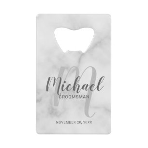 White Marble Modern Script Personalized Groomsmen Credit Card Bottle Opener