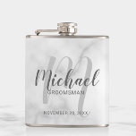 White Marble Modern Script Personalized Groomsmen Hip Flask<br><div class="desc">Add a personal touch to your wedding with personalized groomsmen flask. This flask features personalized groomsmen's name in grey modern script font style and monogram in light grey modern script font style as background with title and wedding date in grey modern sans serif font style on white marble background. Also...</div>