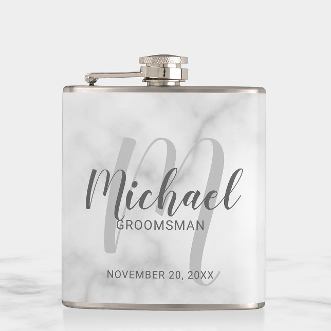 White Marble Modern Script Personalized Groomsmen Hip Flask (Creator Uploaded)