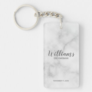 White Marble Modern Script Personalized Groomsmen Keychain