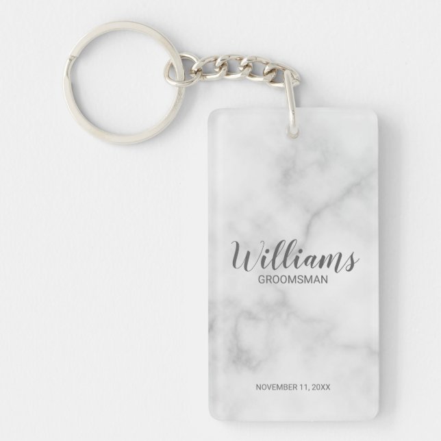 White Marble Modern Script Personalized Groomsmen Keychain (Front)