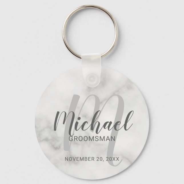 White Marble Modern Script Personalized Groomsmen Keychain (Front)