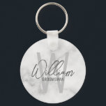 White Marble Modern Script Personalized Groomsmen Keychain<br><div class="desc">Modern Minimalist Personalized Monogram and Name Gifts This design features personalized name in grey modern handwriting script font style and monogram in light grey modern sans serif font style as background, with title in grey modern sans serif font style, on white marble background. Also perfect for best man, maid of...</div>