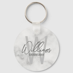 White Marble Modern Script Personalized Groomsmen Keychain