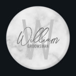 White Marble Modern Script Personalized Groomsmen Magnet<br><div class="desc">Modern Minimalist Personalized Monogram and Name Gifts This design features personalized name in grey modern handwriting script font style and monogram in light grey modern sans serif font style as background, with title in grey modern sans serif font style, on white marble background. Also perfect for best man, maid of...</div>