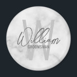 White Marble Modern Script Personalized Groomsmen Magnet<br><div class="desc">Modern Minimalist Personalized Monogram and Name Gifts This design features personalized name in grey modern handwriting script font style and monogram in light grey modern sans serif font style as background, with title in grey modern sans serif font style, on white marble background. Also perfect for best man, maid of...</div>