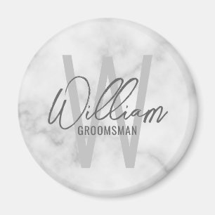 White Marble Modern Script Personalized Groomsmen Magnet