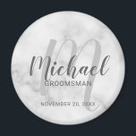 White Marble Modern Script Personalized Groomsmen Magnet<br><div class="desc">Add a personal touch to your wedding with personalized groomsmen magnet. This magnet features personalized groomsmen's name in grey modern script font style and monogram in light grey modern script font style as background with title and wedding date in grey modern sans serif font style on white marble background. Also...</div>