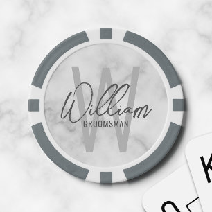 White Marble Modern Script Personalized Groomsmen Poker Chips