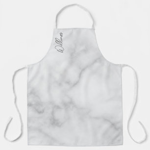 White Marble Modern Script Personalized Name Apron