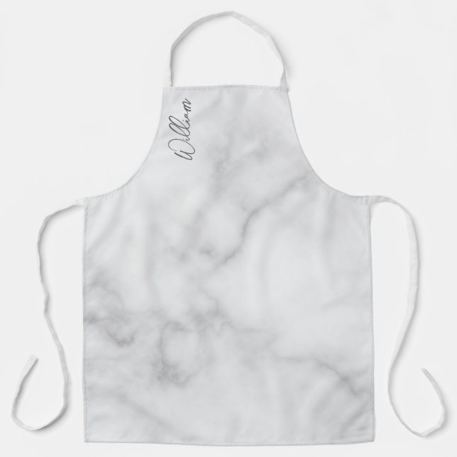White Marble Modern Script Personalized Name Apron (Front)