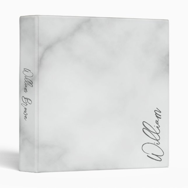 White Marble Modern Script Personalized Name Binder (Front/Spine)