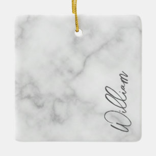 White Marble Modern Script Personalized Name Ceramic Ornament