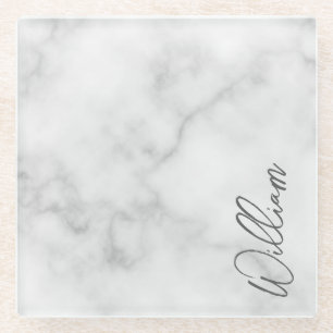 White Marble Modern Script Personalized Name Glass Coaster