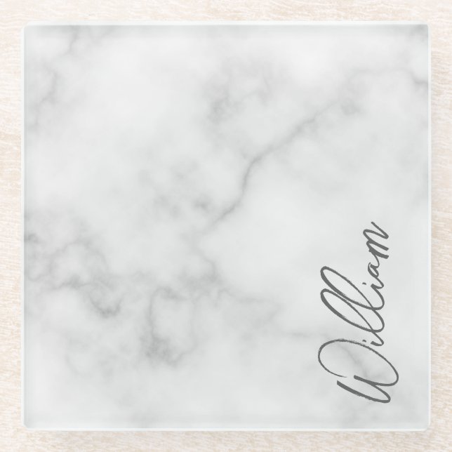 White Marble Modern Script Personalized Name Glass Coaster (Front)