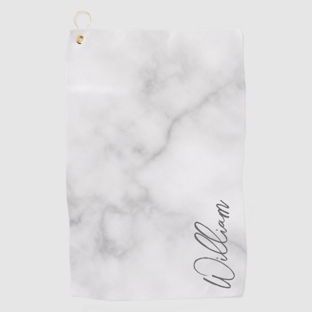 White Marble Modern Script Personalized Name Golf Towel (Front)