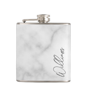 White Marble Modern Script Personalized Name Hip Flask