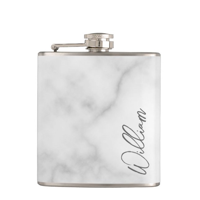 White Marble Modern Script Personalized Name Hip Flask (Front)