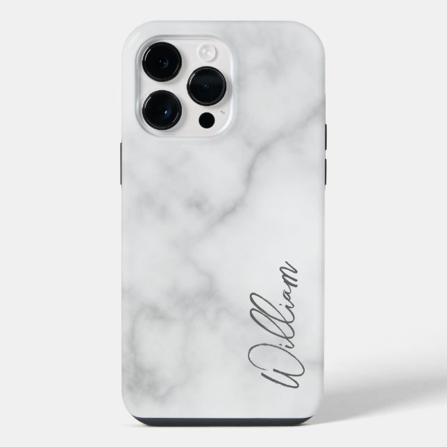 White Marble Modern Script Personalized Name iPhone Case (Back)