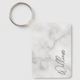 White Marble Modern Script Personalized Name Keych Keychain