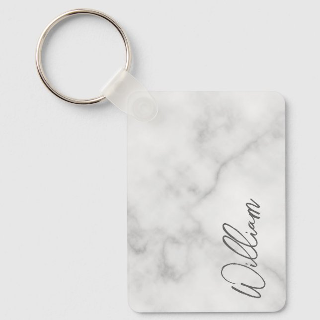 White Marble Modern Script Personalized Name Keych Keychain (Front)