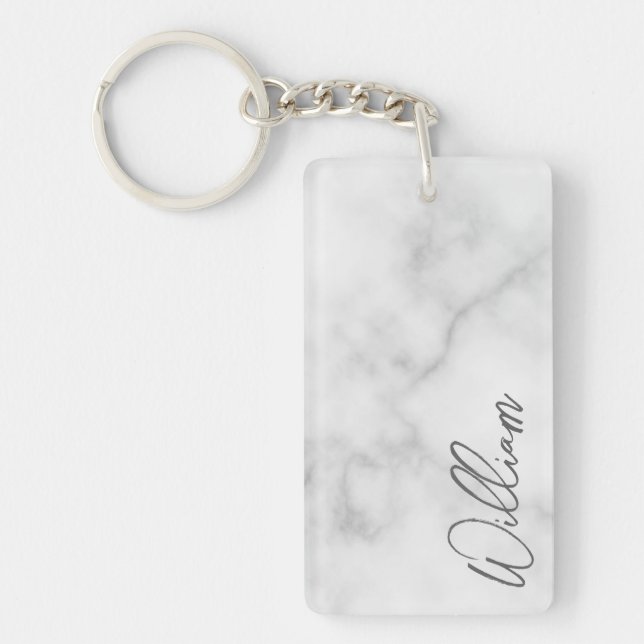 White Marble Modern Script Personalized Name Keychain (Front)