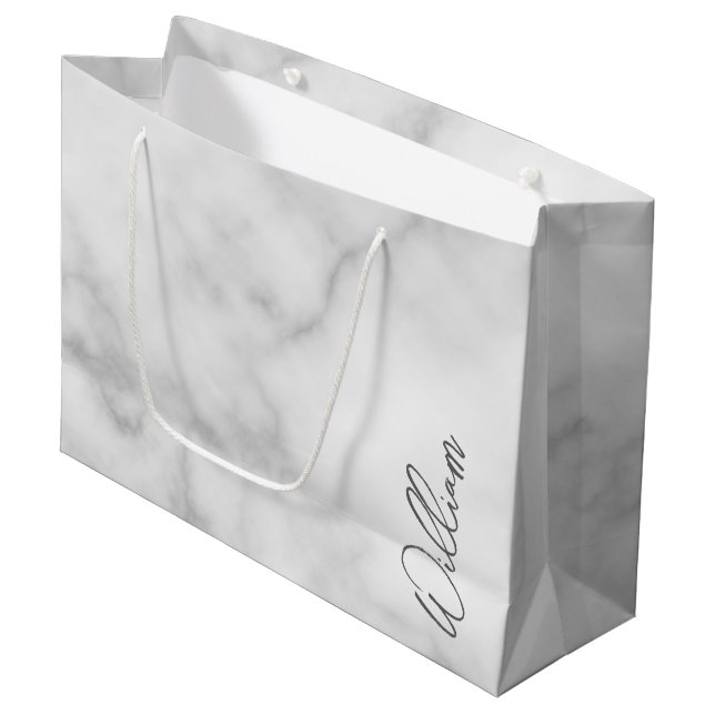 White Marble Modern Script Personalized Name Large Gift Bag (Front Angled)