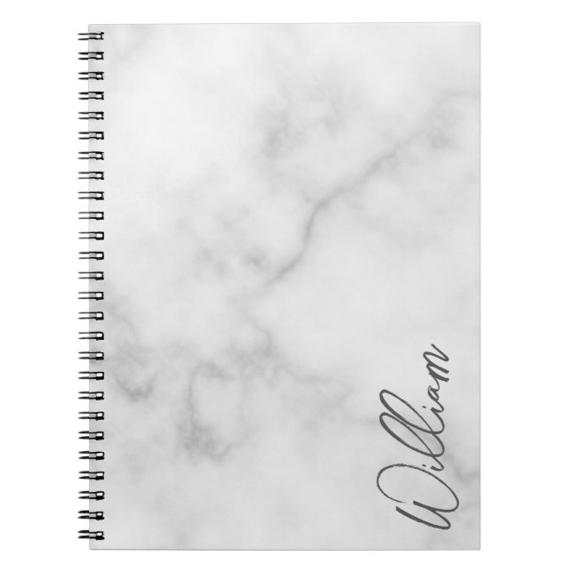 White Marble Modern Script Personalized Name Notebook (Front)