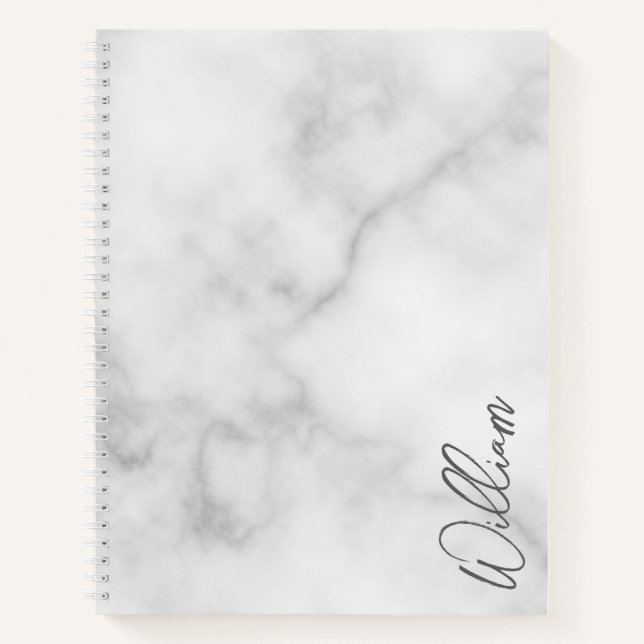 White Marble Modern Script Personalized Name Notebook (Front)