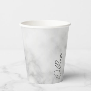 White Marble Modern Script Personalized Name Paper Cups