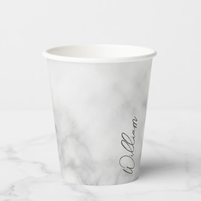 White Marble Modern Script Personalized Name Paper Cups (Front)