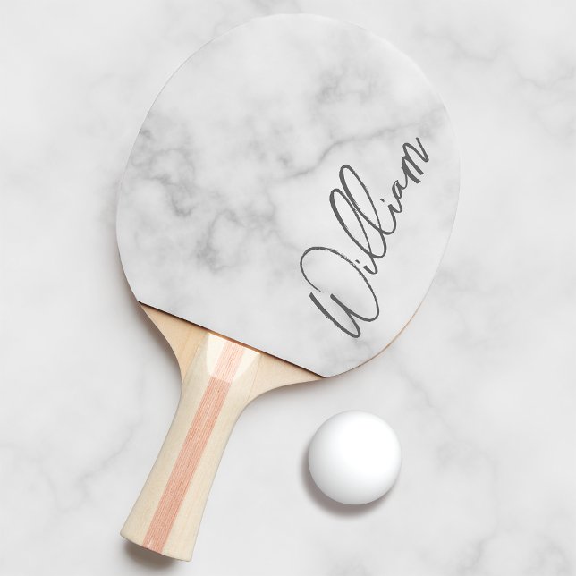 White Marble Modern Script Personalized Name Ping Pong Paddle (Creator Uploaded)