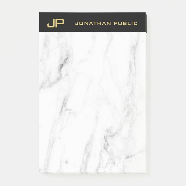 White Marble Monogram Gold Text Elegant Template Post-it Notes (Front)