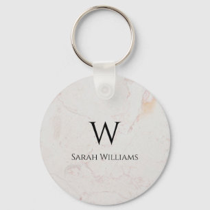 White Marble Monogram Modern Black Name & Initial Keychain